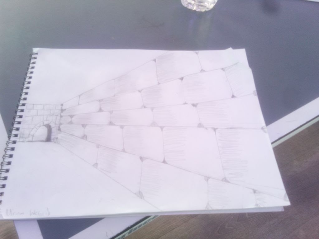 Pencil drawing of a stone wall in perspective