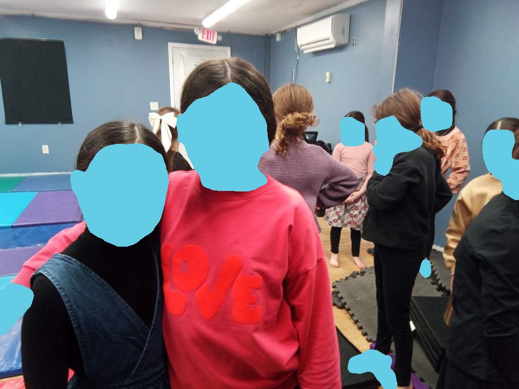 Girls gathered together in the gymnastics room